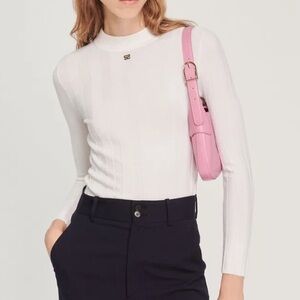 Sandro Fuji Wool Wide Rib Mock Sweater Ivory  Long Sleeve Gold Logo Luxury-2